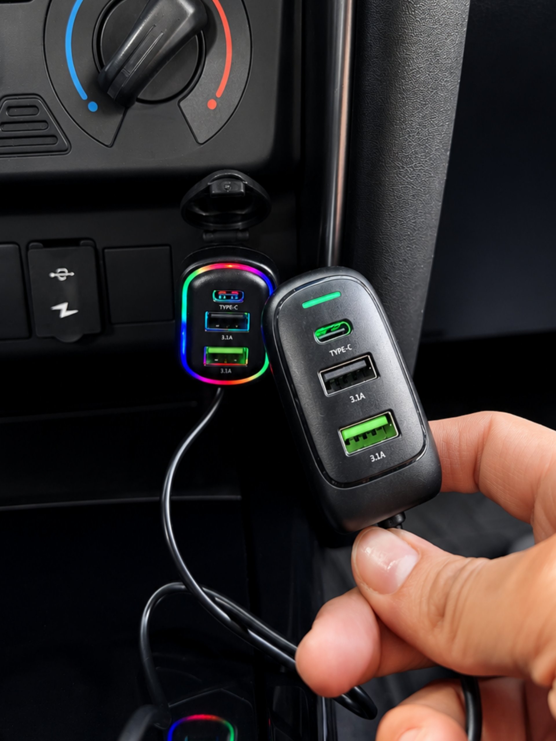 Cargador múltiple para auto de 6 puertos con extensión de cable, iluminado en un interior de vehículo moderno.