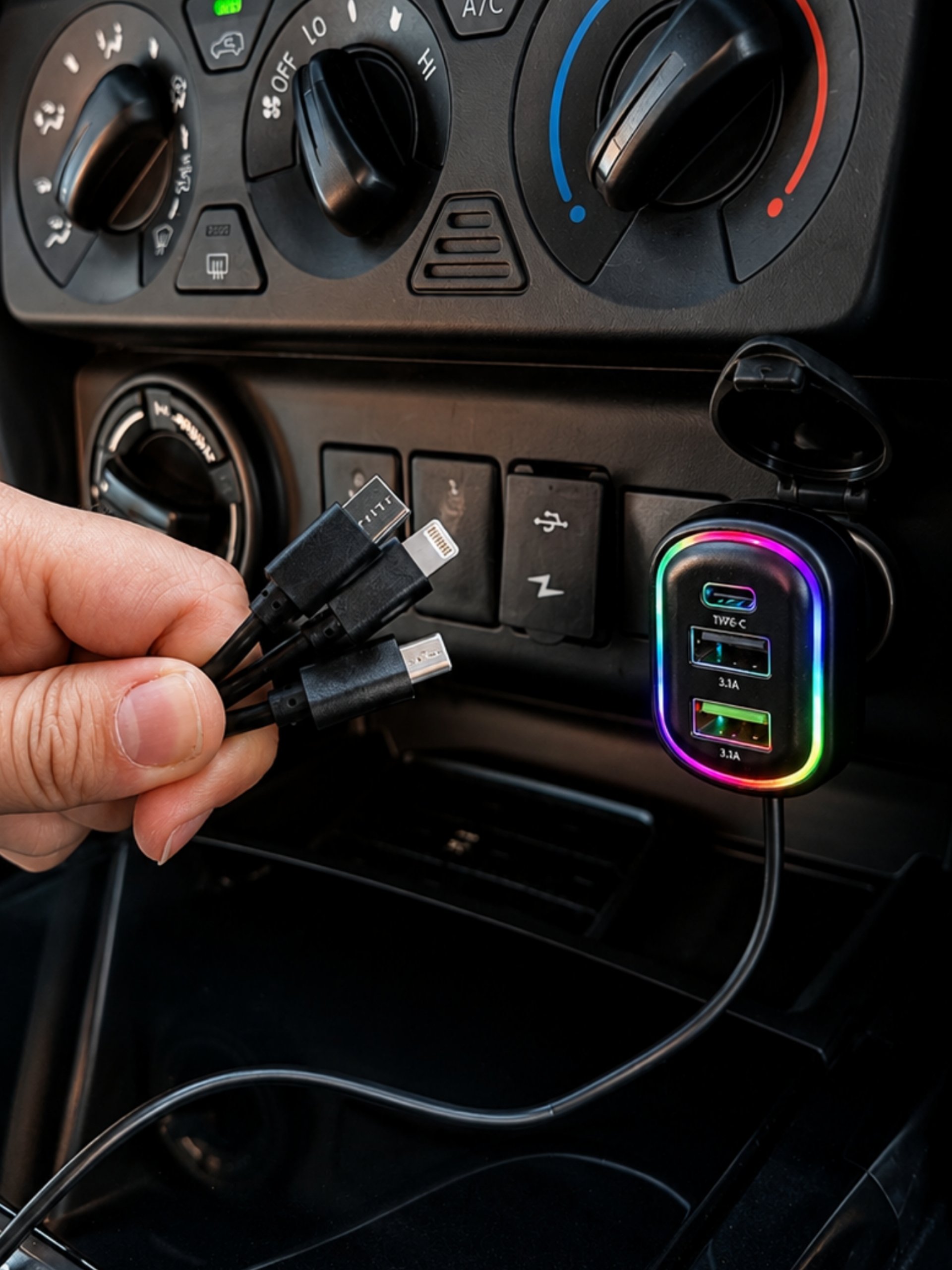 Cargador de auto universal mostrando sus conectores USB-A, USB-C y Lightning sobre un fondo limpio.
