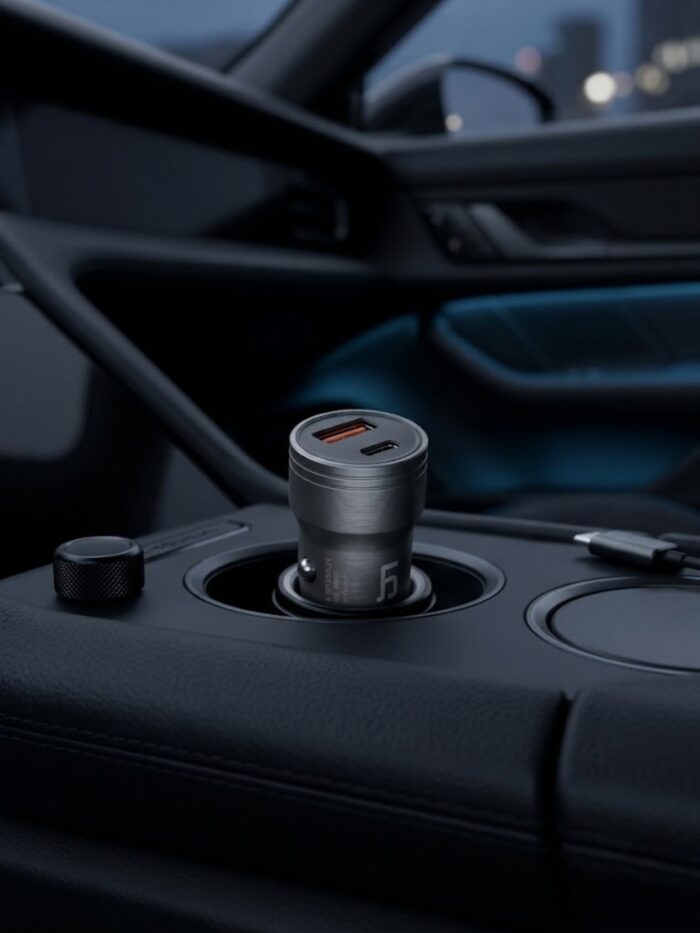 Cargador rápido para carro de 100W con puertos USB-A y USB-C, diseño minimalista metálico.