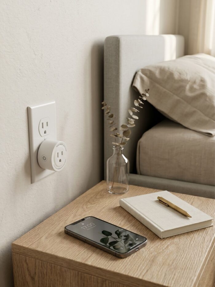 Vista del enchufe inteligente wifi blanco compatible con Alexa y Google Home