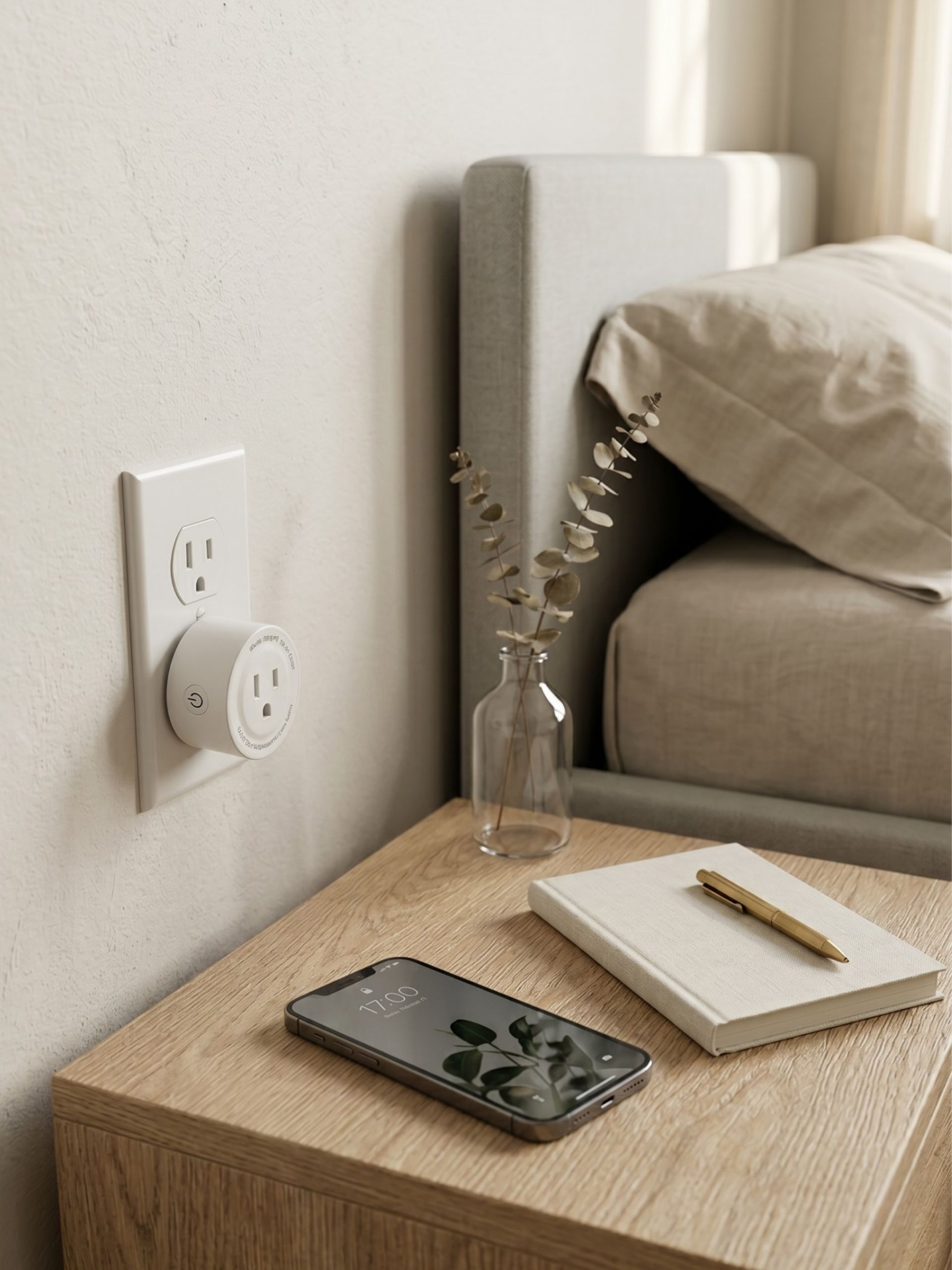 Vista del enchufe inteligente wifi blanco compatible con Alexa y Google Home
