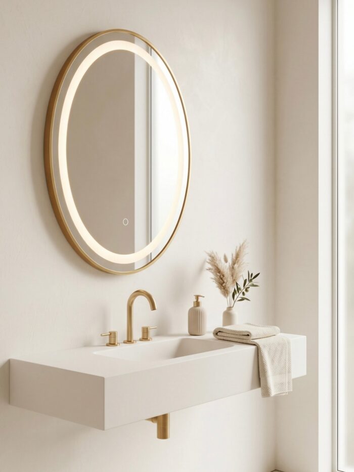Lujoso espejo led ovalado dorado de 50x70 cm instalado sobre el lavabo de un baño moderno.