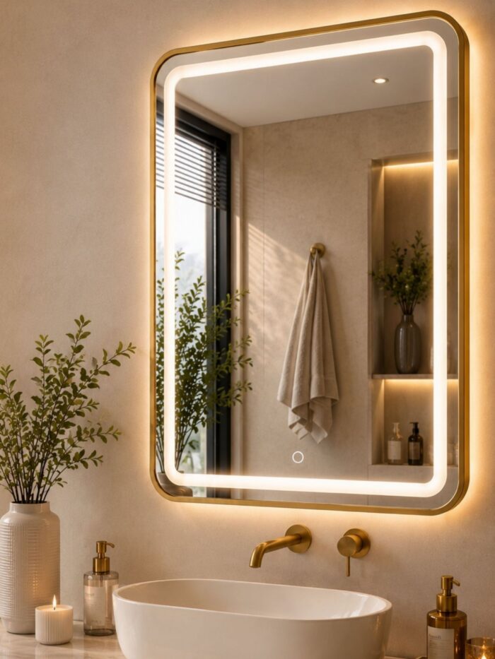 Tocador contemporáneo decorado con un espejo led rectangular dorado de 50x70 cm encendido