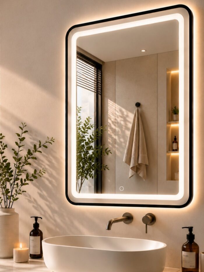Baño de diseño industrial decorado con un espejo led rectangular negro de 50x70 cm iluminado