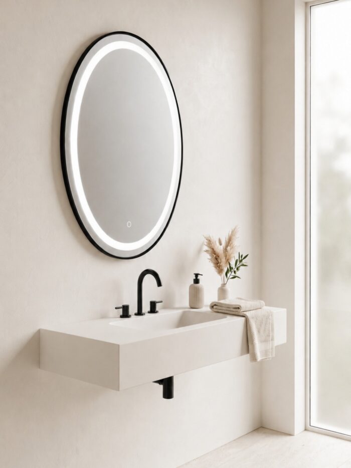 Baño moderno de estilo industrial decorado con un espejo led ovalado negro iluminado