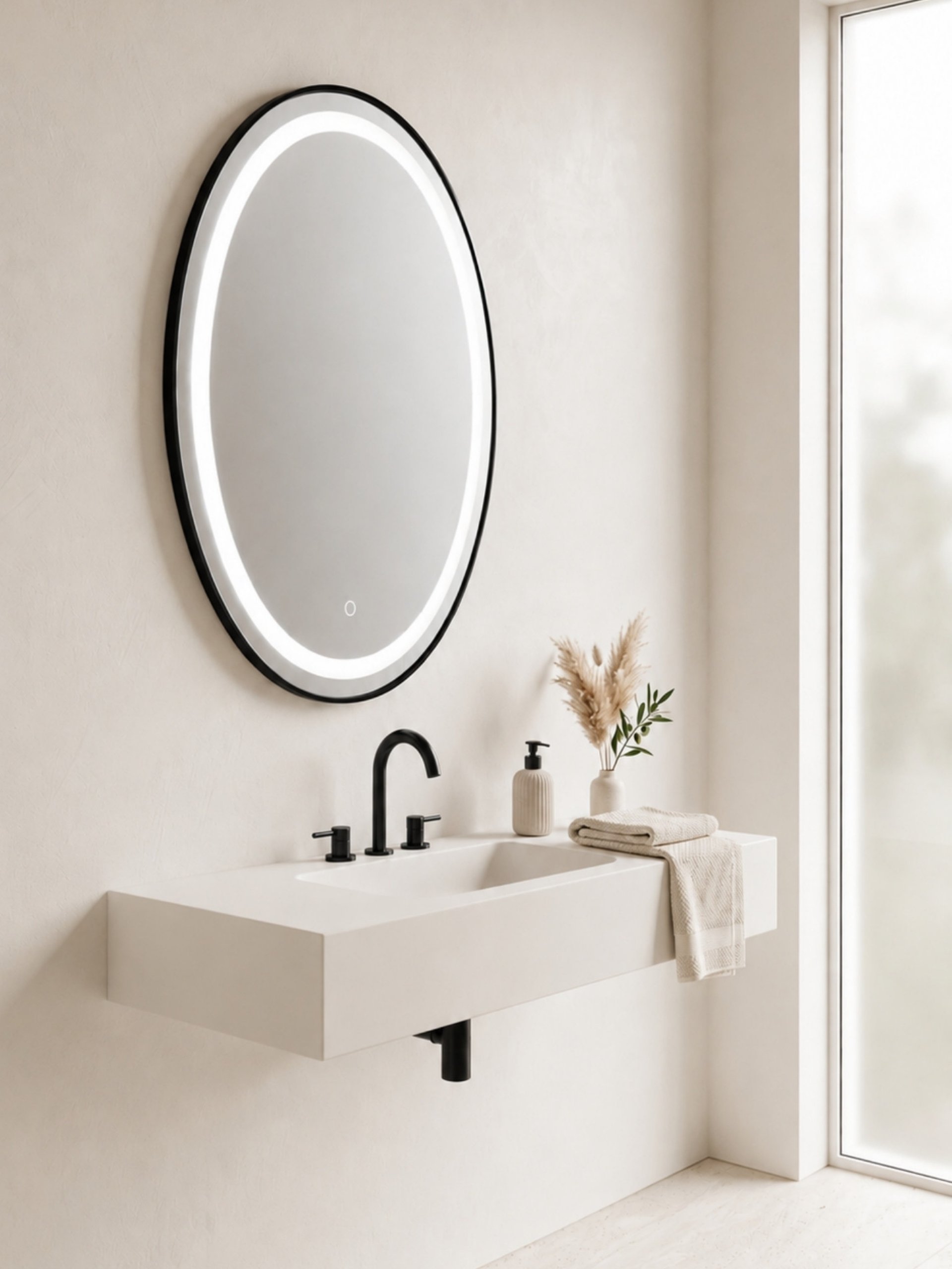 Baño moderno de estilo industrial decorado con un espejo led ovalado negro iluminado