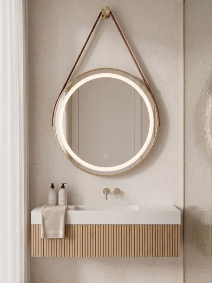 Elegante espejo led redondo dorado de 60 cm iluminando el lavabo de un baño contemporáneo