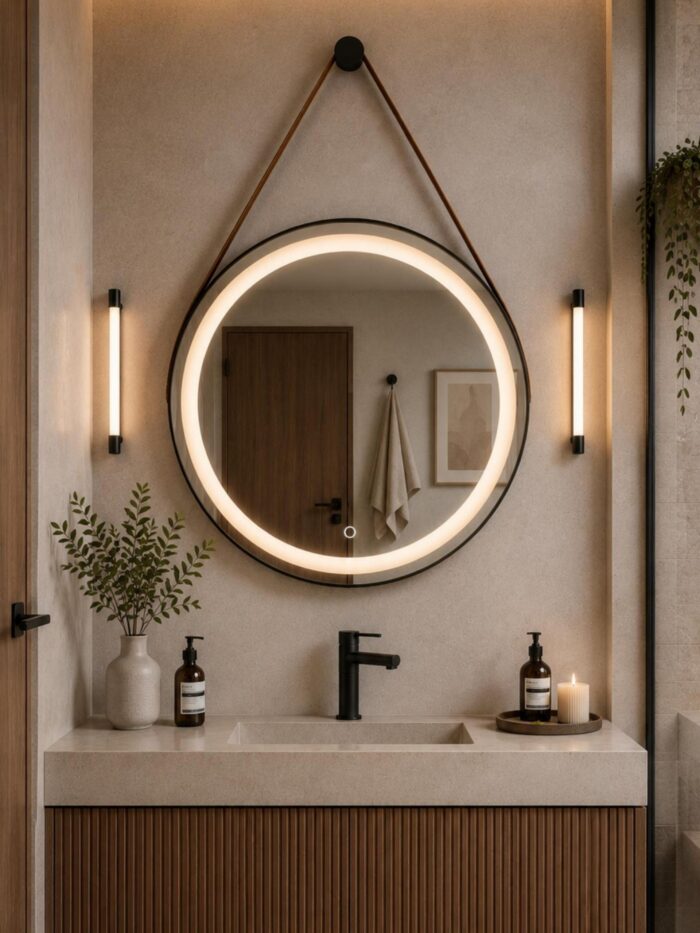 Lavabo moderno con grifería oscura y un espejo led redondo negro de 60 cm iluminado
