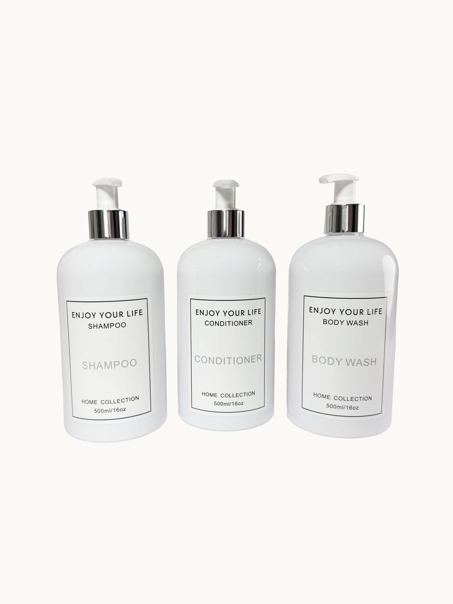 SET DE BOTELLAS DISPENSADORAS PARA SHAMPOO, ACONDICIONADOR Y JABÓN LÍQUIDO COLOR BLANCO - Image 2