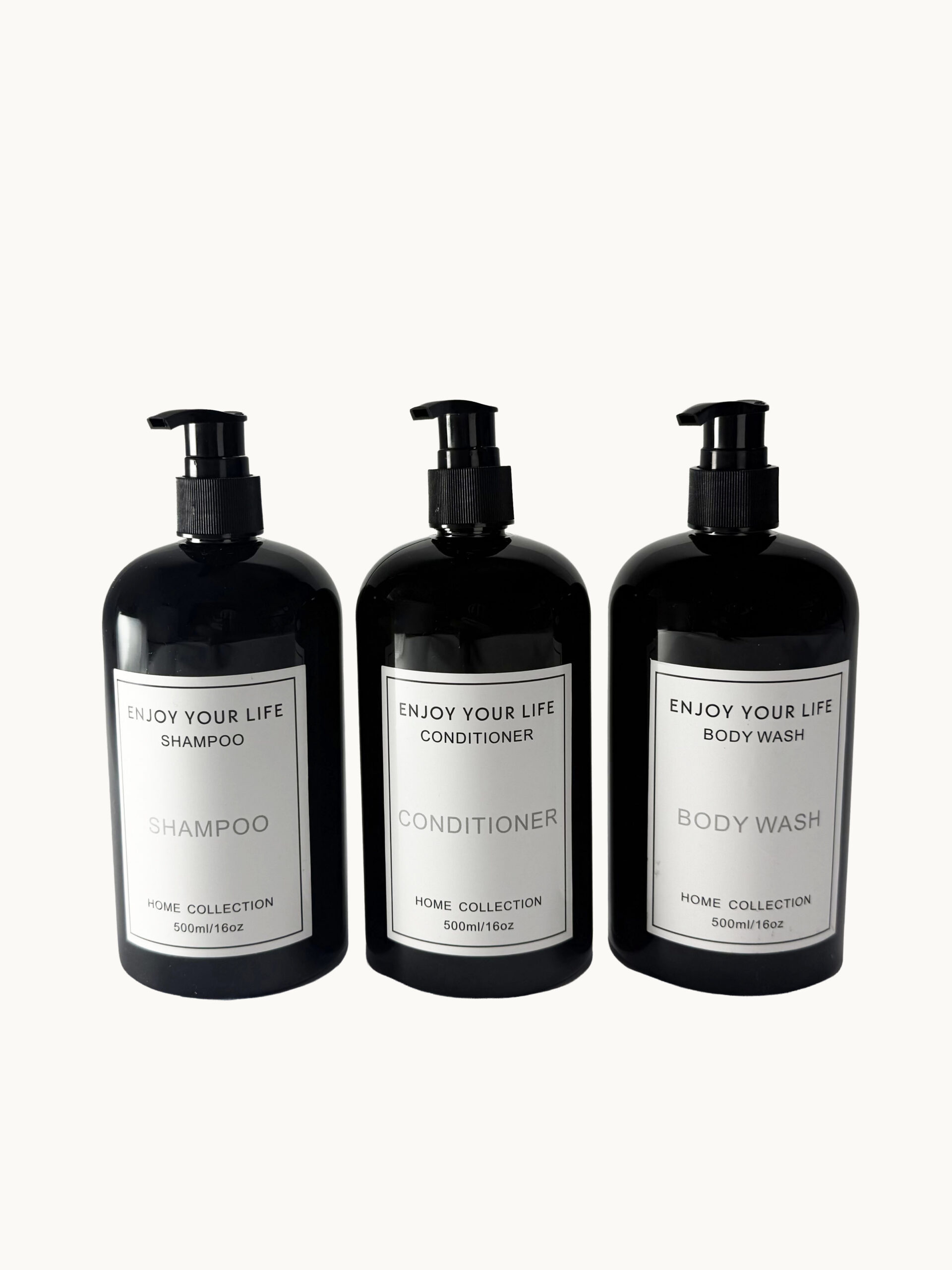 SET DE BOTELLAS DISPENSADORAS PARA SHAMPOO, ACONDICIONADOR Y JABÓN LÍQUIDO COLOR NEGRO - Image 3