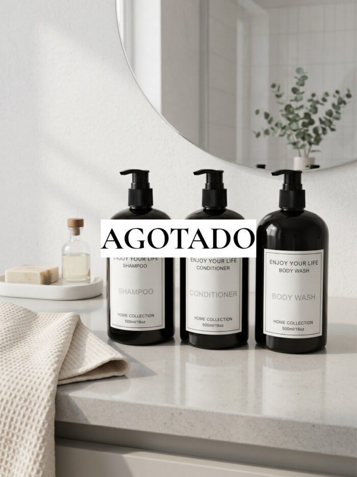 SET DE BOTELLAS DISPENSADORAS PARA SHAMPOO, ACONDICIONADOR Y JABÓN LÍQUIDO COLOR NEGRO