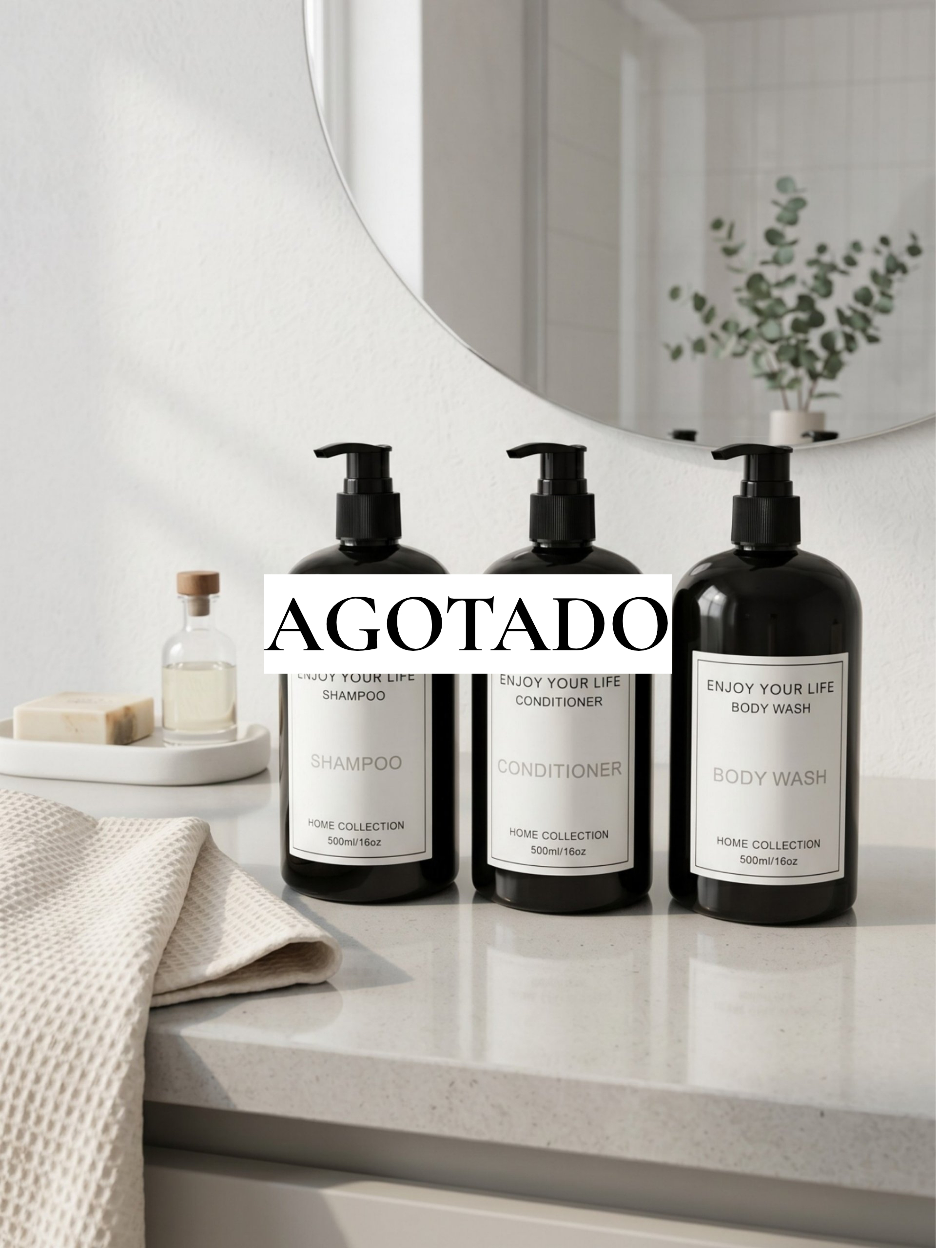 SET DE BOTELLAS DISPENSADORAS PARA SHAMPOO, ACONDICIONADOR Y JABÓN LÍQUIDO COLOR NEGRO