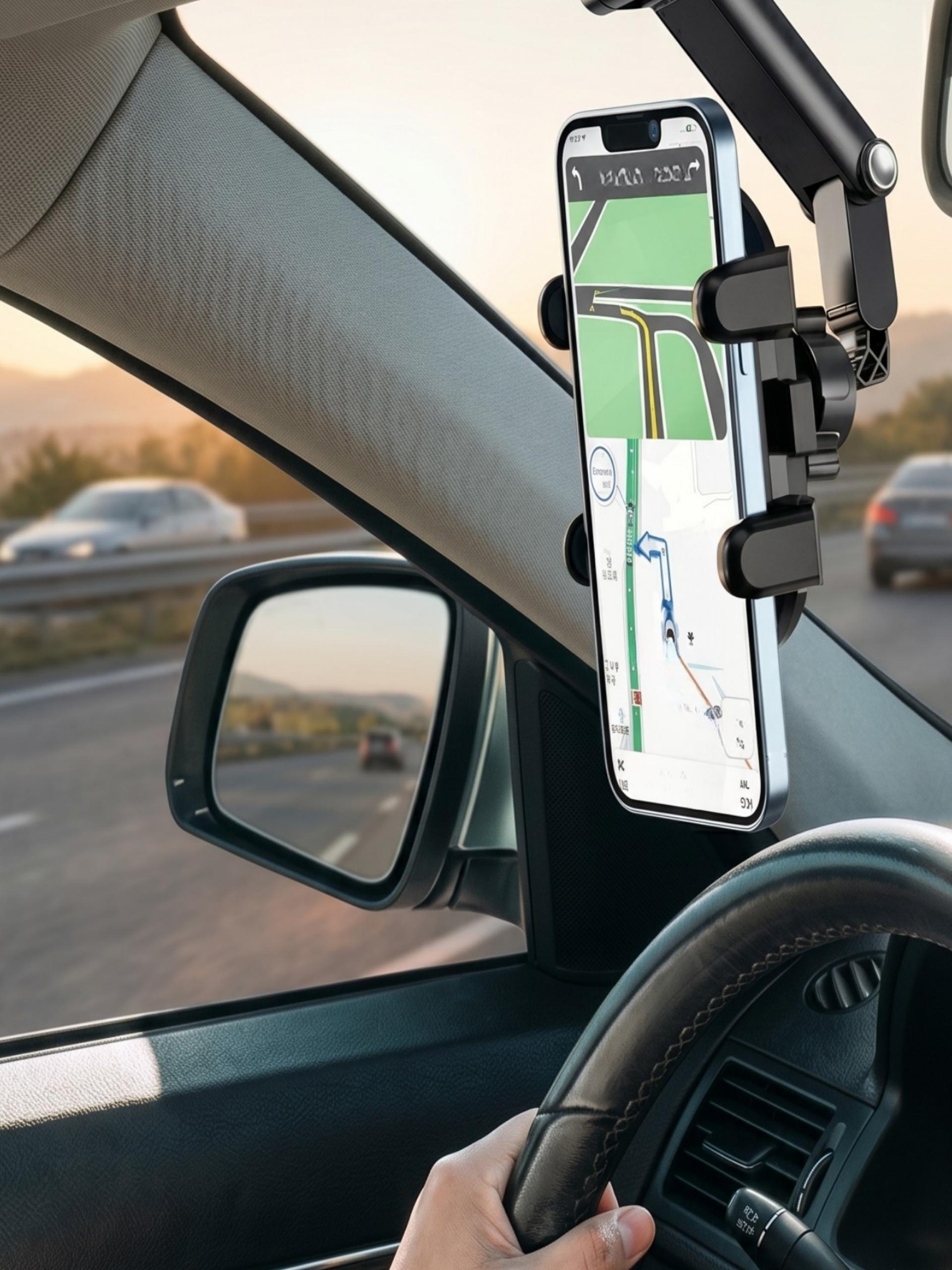 Soporte de celular para auto de diseño minimalista fijado al parasol del vehículo, sosteniendo un smartphone.