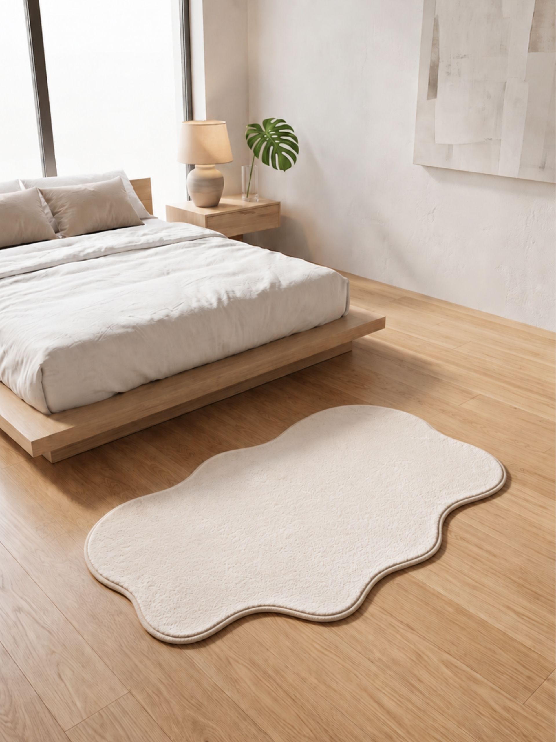 Alfombra decorativa suave de 60x120cm con base antideslizante, ubicada a los pies de una cama en una habitación minimalista.