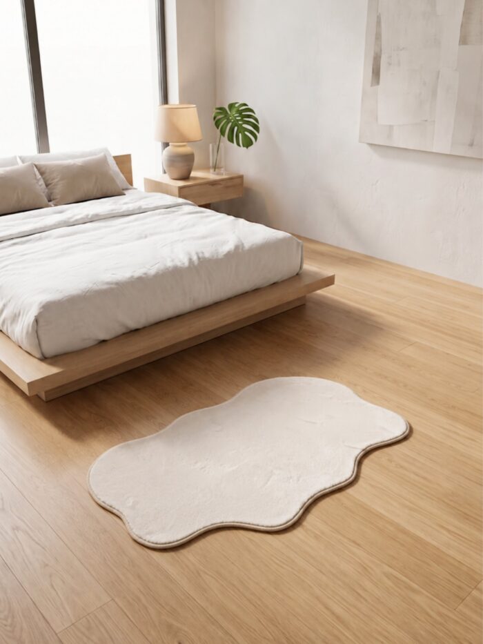 Alfombra decorativa suave de 60x90cm con base antideslizante, ubicada a los pies de una cama en una habitación minimalista.