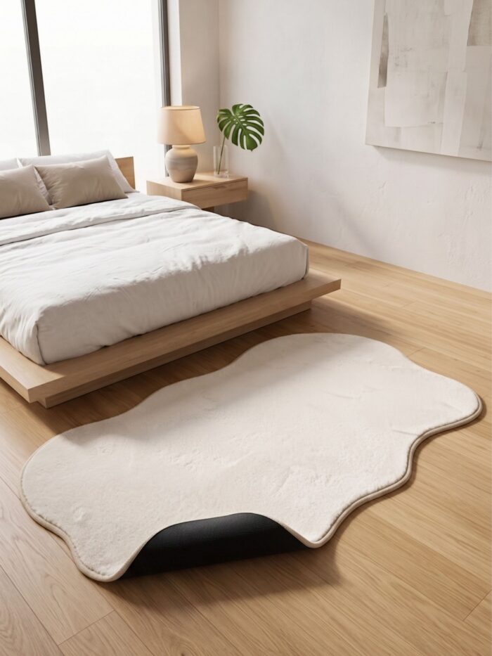 Alfombra decorativa suave de 80x160cm con base antideslizante, ubicada a los pies de una cama en una habitación minimalista.