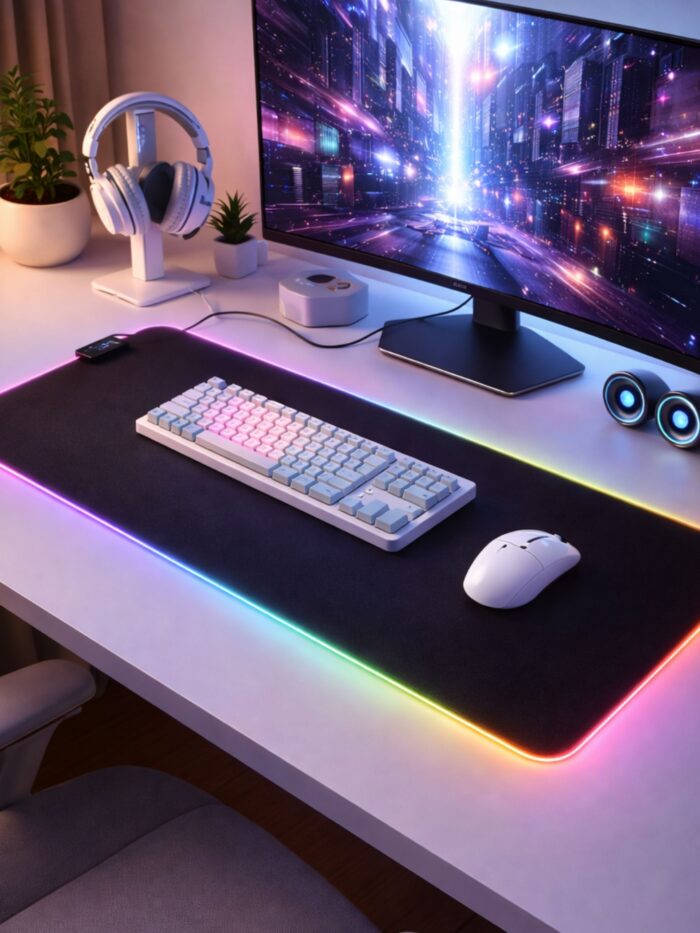 Escritorio iluminado con un mousepad gamer rgb extra grande sosteniendo un teclado y ratón