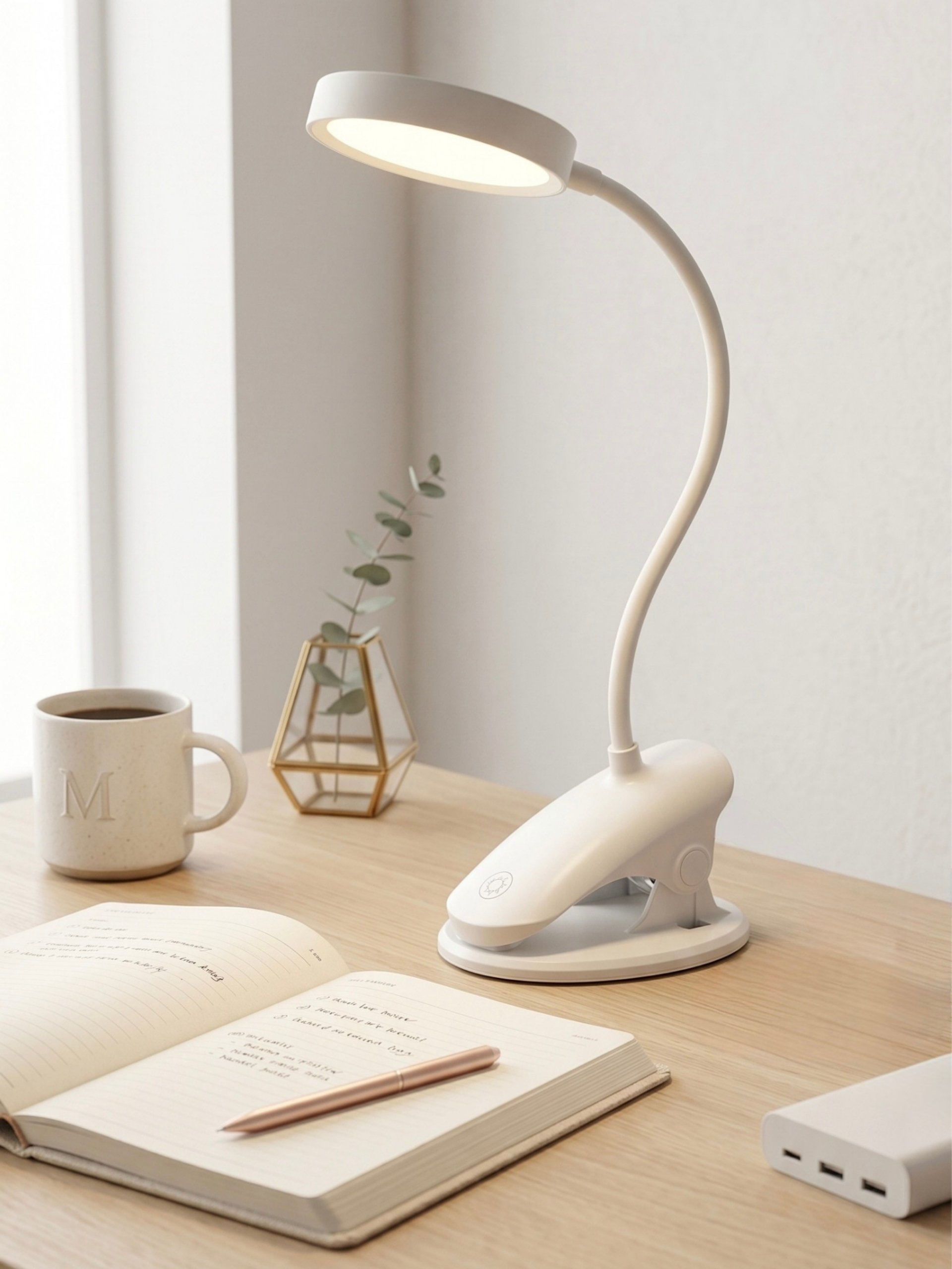 Vista lateral de la lámpara de escritorio led recargable blanca con su base de clip