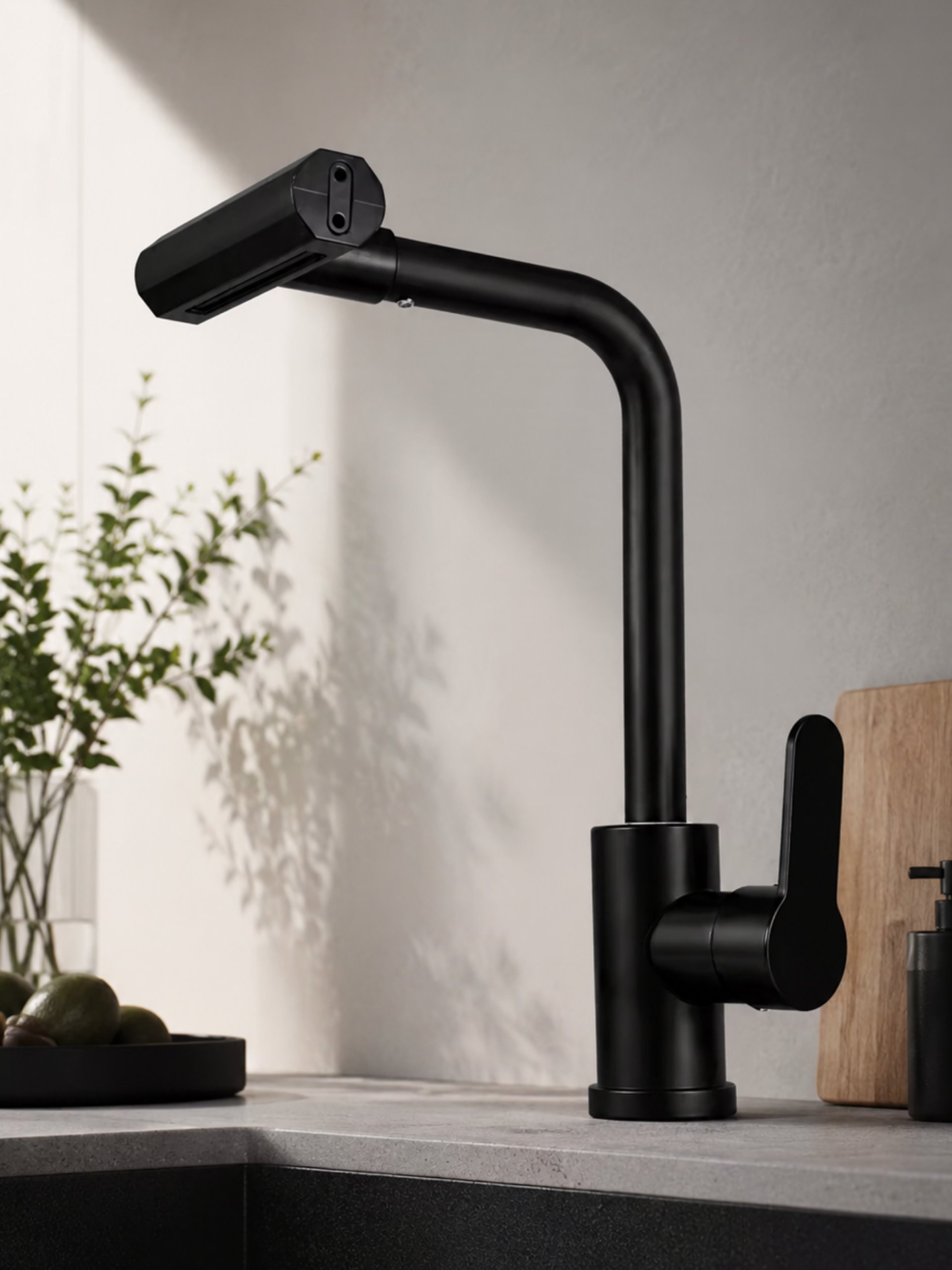LLAVE DE LAVAPLATOS EXTENSIBLE NEGRO MATE CON MODO LLUVIA Y CASCADA