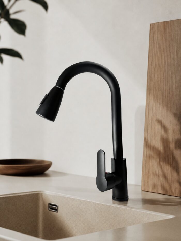 LLAVE DE LAVAPLATOS EXTENSIBLE NEGRO MATE CON ROCIADOR DUAL