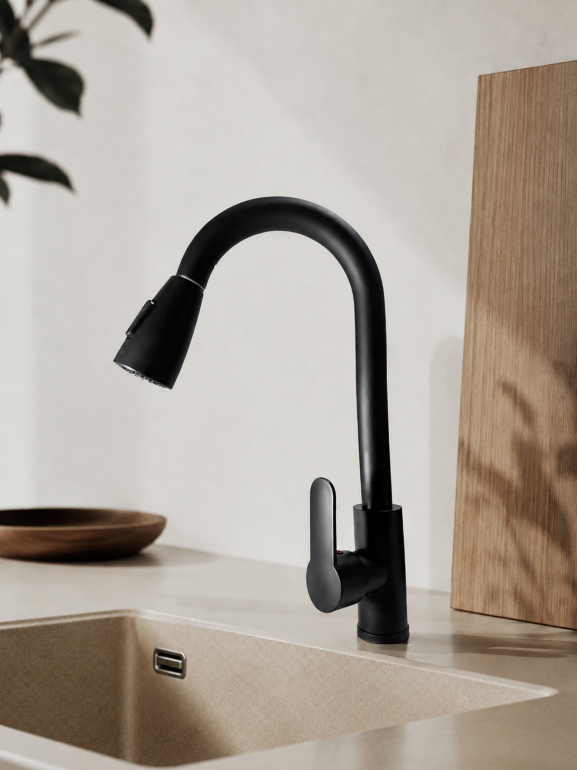 LLAVE DE LAVAPLATOS EXTENSIBLE NEGRO MATE CON ROCIADOR DUAL