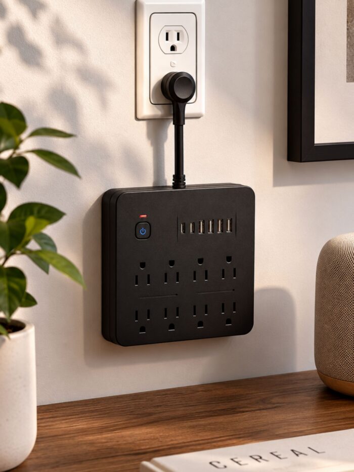 REGLETA MULTITOMA CUADRADA COLOR NEGRO CON 8 TOMAS AC Y 6 PUERTOS USB