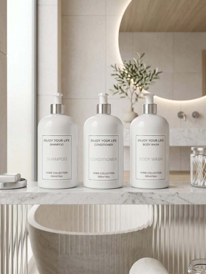 SET DE BOTELLAS DISPENSADORAS PARA SHAMPOO, ACONDICIONADOR Y JABÓN LÍQUIDO COLOR BLANCO