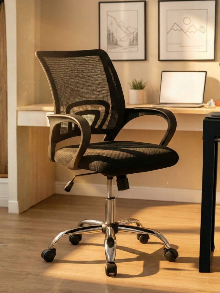 Vista completa de la silla de escritorio ergonómica negra de malla transpirable para oficina.