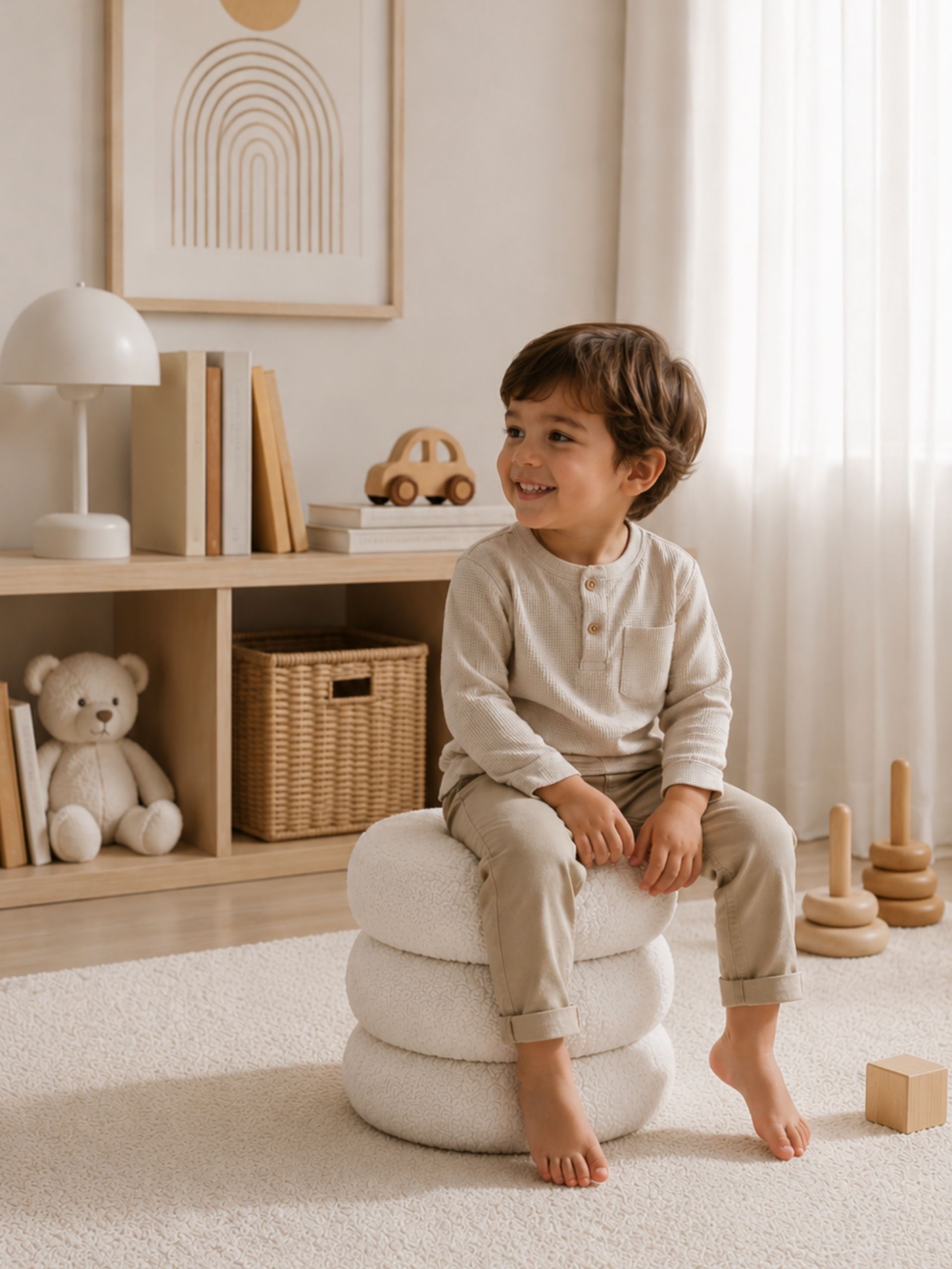 Taburete infantil tapizado en tela sherpa suave, en una habitación de tonos neutros.