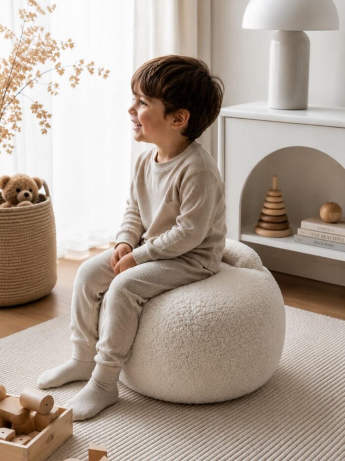 Taburete infantil redondo tapizado en tela sherpa suave, en una habitación de tonos neutros.