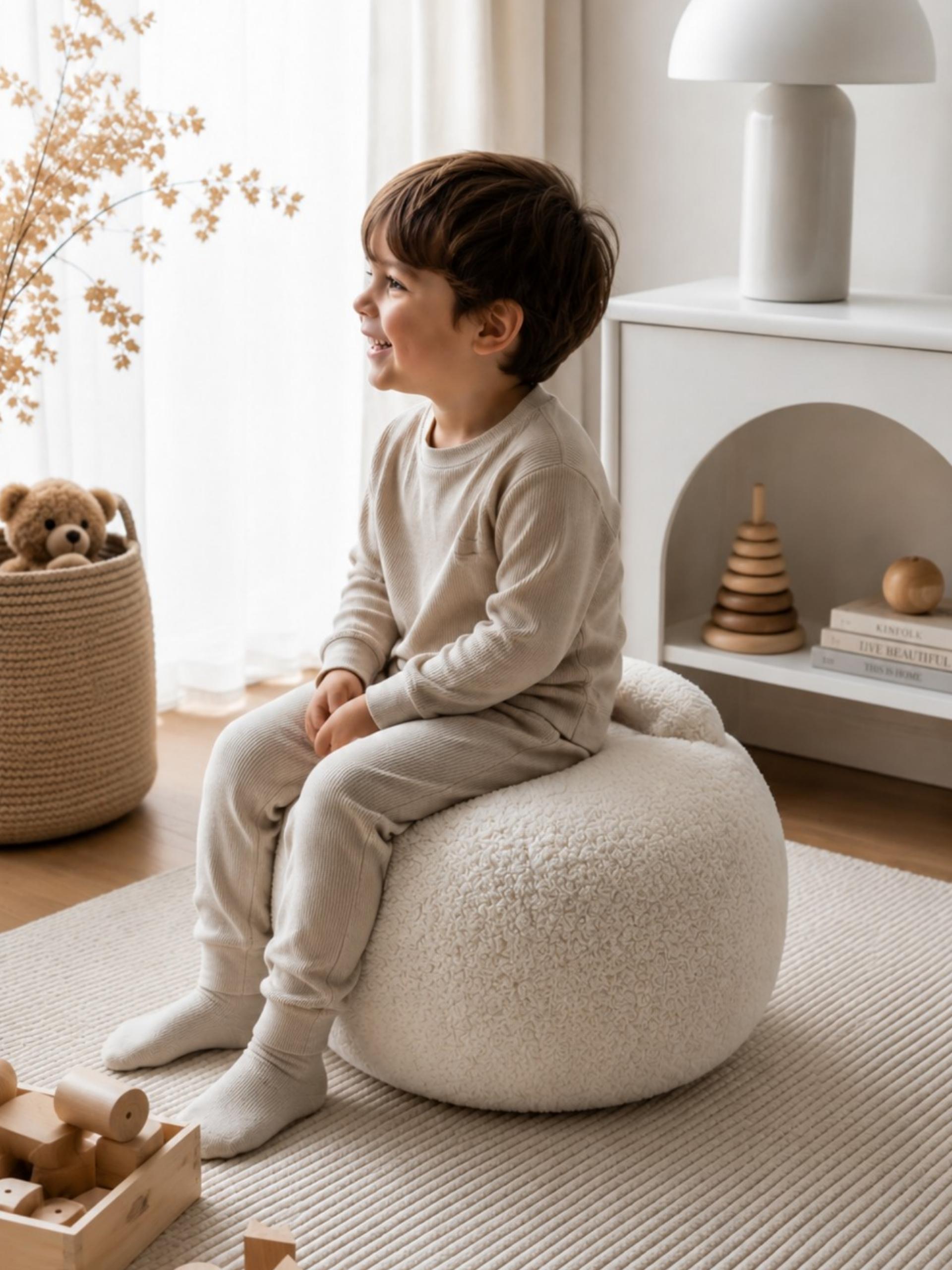 Taburete infantil redondo tapizado en tela sherpa suave, en una habitación de tonos neutros.