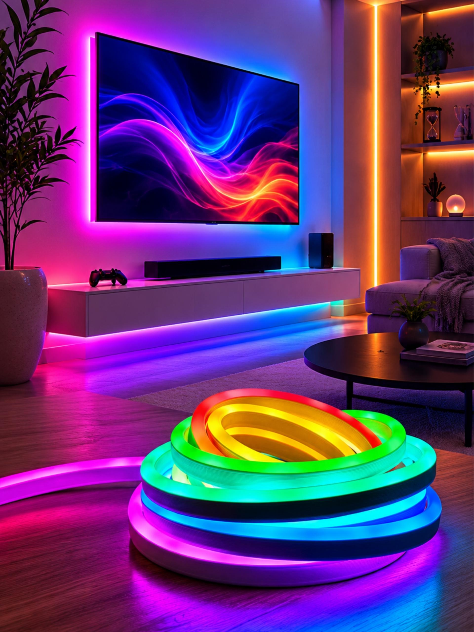 Rollo de la tira LED neon flex RGB encendida junto a su control remoto