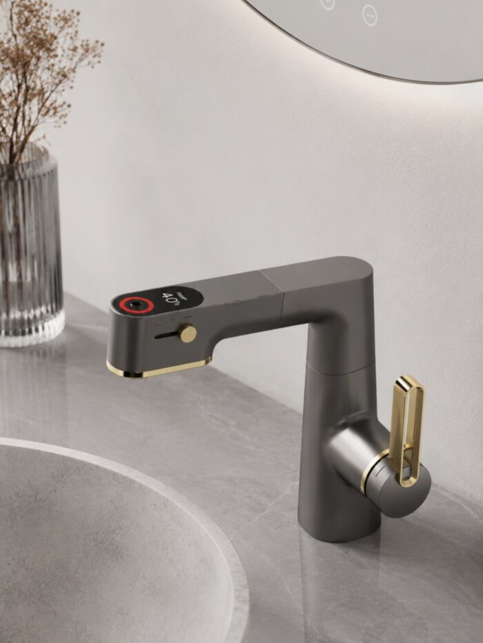 LLAVE INTELIGENTE PARA BAÑO CON PANTALLA DIGITAL LED Y MANGUERA RETRÁCTIL